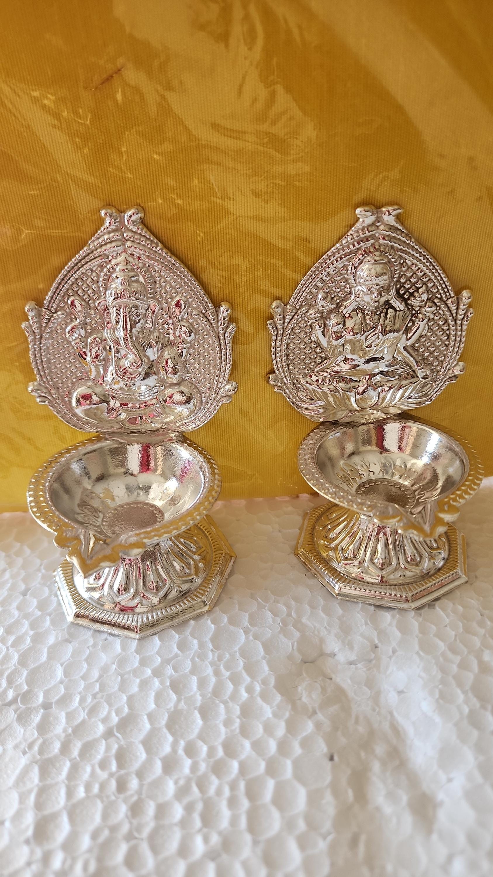 Handmade German Silver Ganesha Lakshmi Diya Set - 4" Diwali Deepam Lamp.