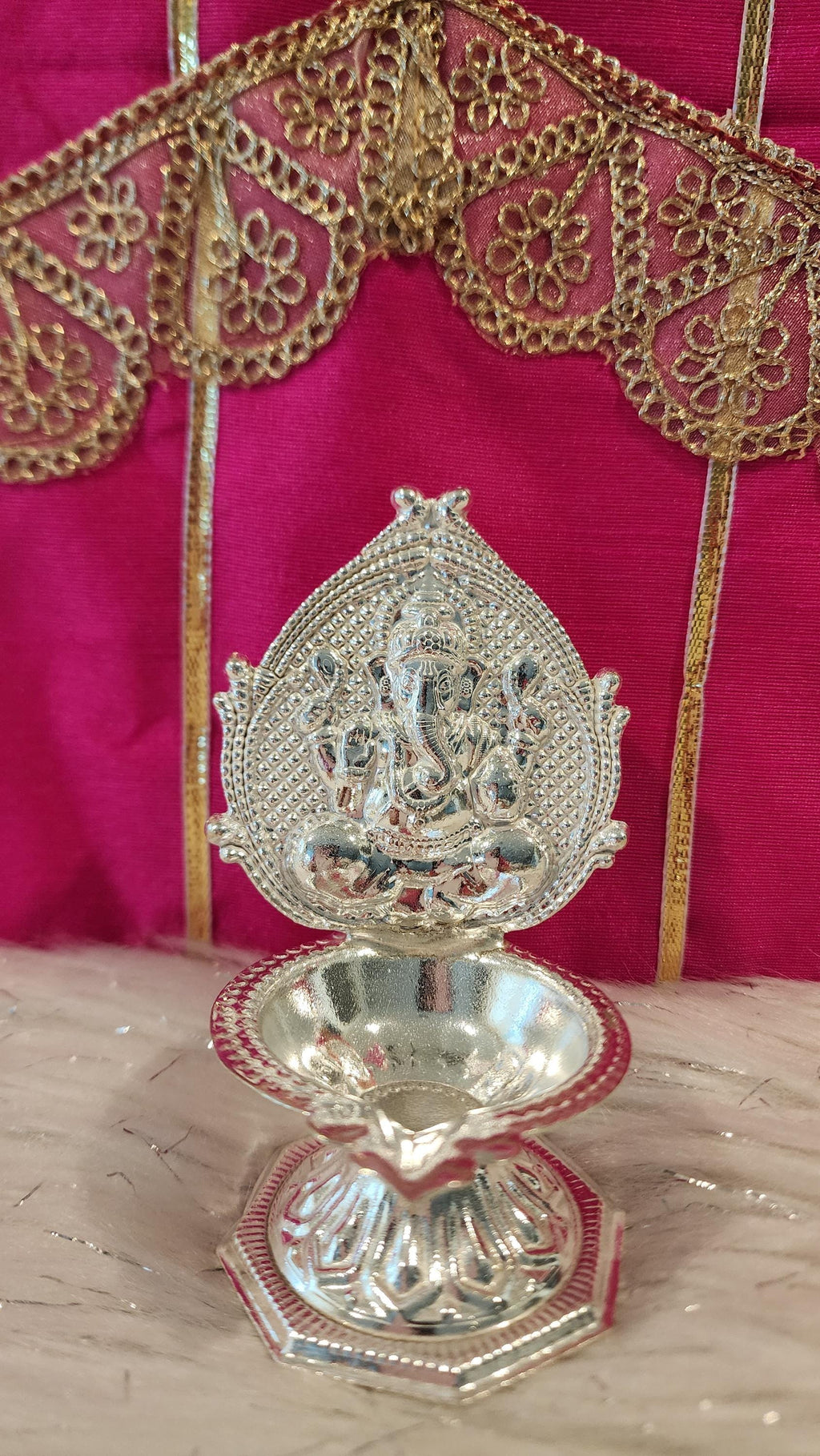 Handmade German Silver Ganesha Lakshmi Diya Set - 4" Diwali Deepam Lamp.