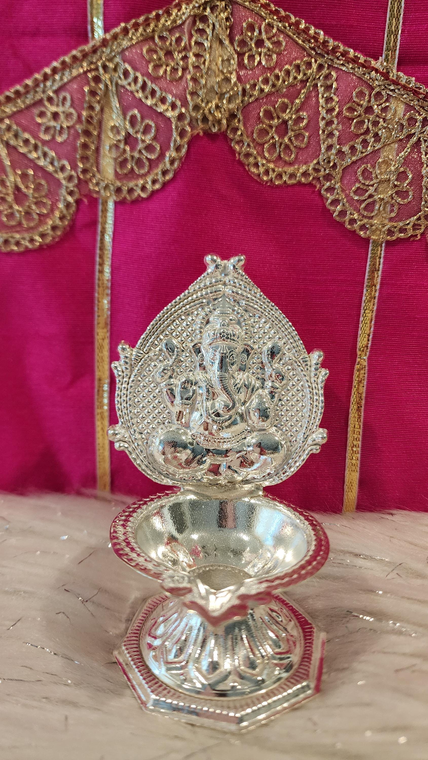 Handmade German Silver Ganesha Lakshmi Diya Set - 4" Diwali Deepam Lamp.