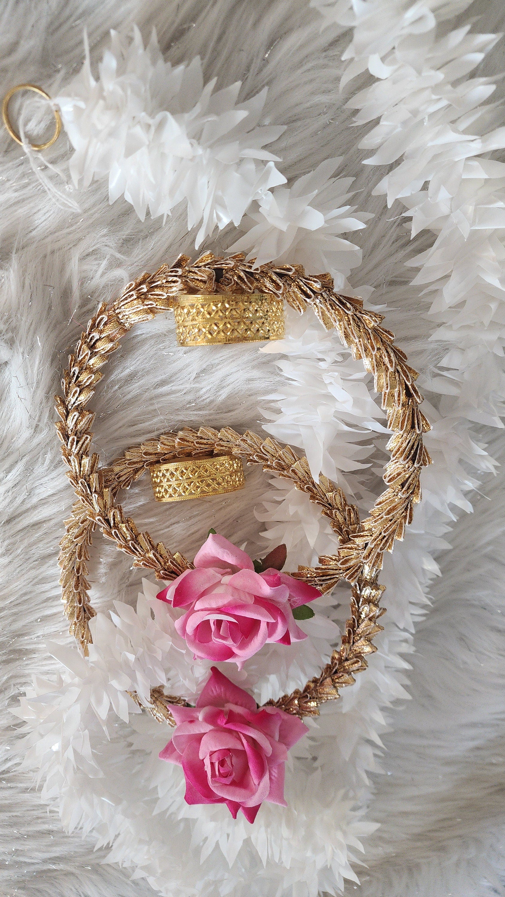 Handmade Pink Rose Garland with Golden Ring: Indian Wedding Diwali Decor.