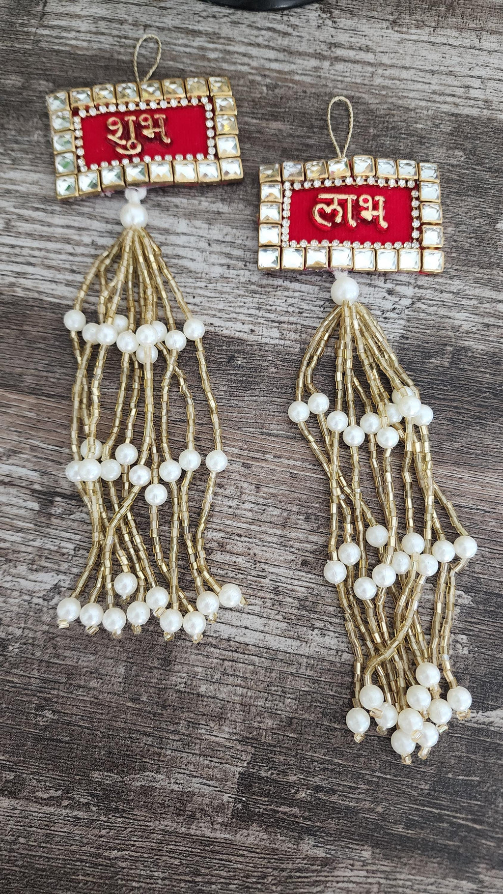 Kundan Shubh-Labh Hanging: Red Velvet Diwali Mandir Decor.