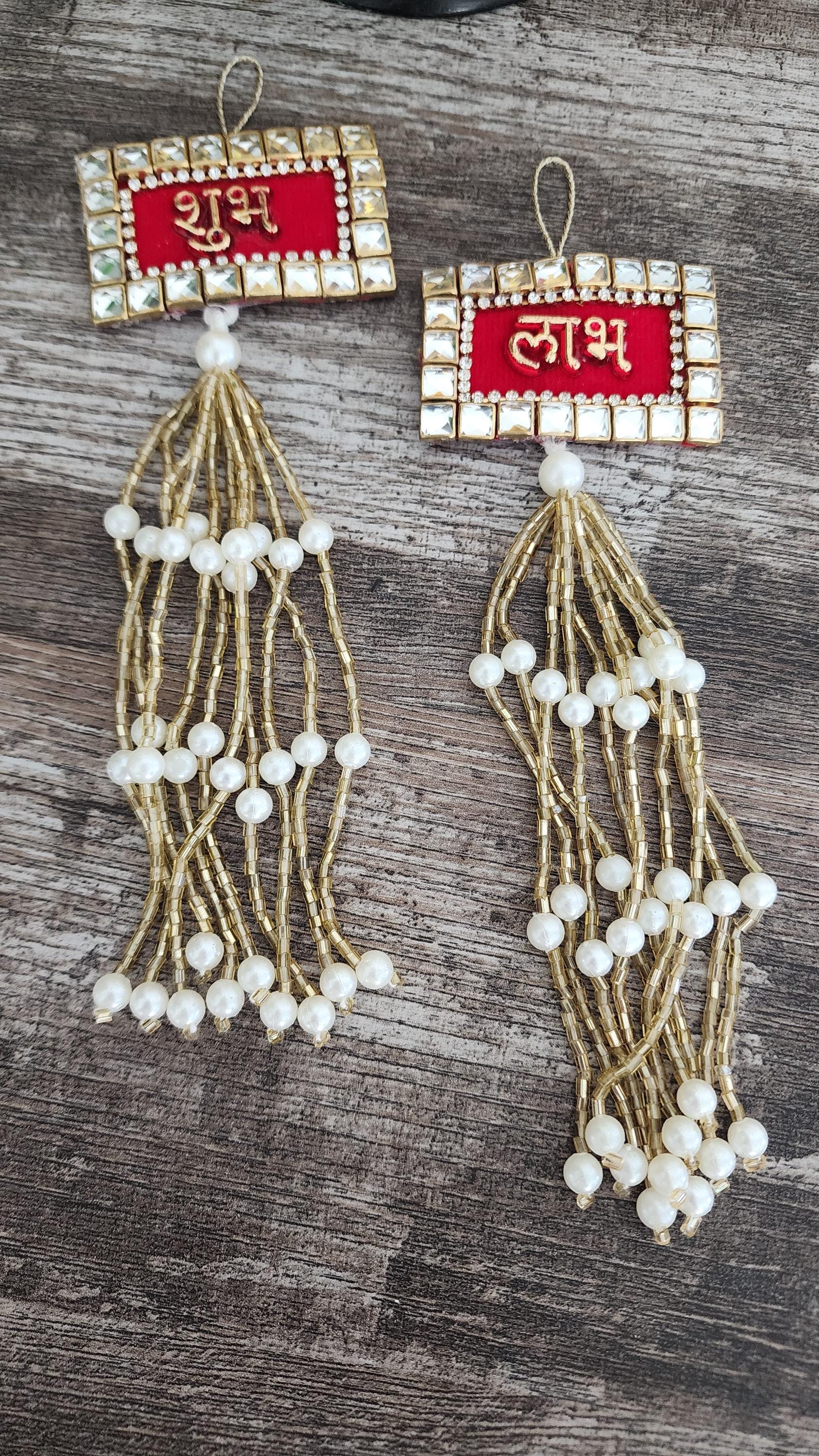 Kundan Shubh-Labh Hanging: Red Velvet Diwali Mandir Decor.