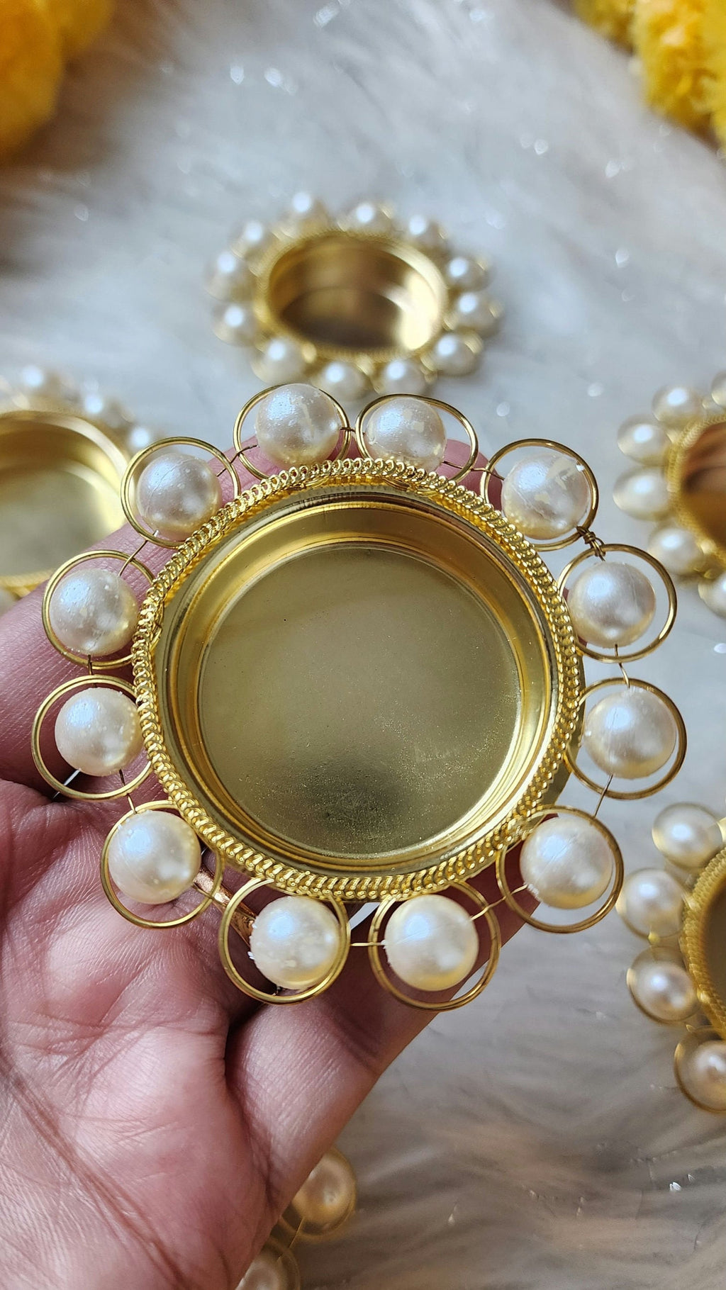 Gold Tea Light Candle Holders with Pearls: Diwali Favor Gifts