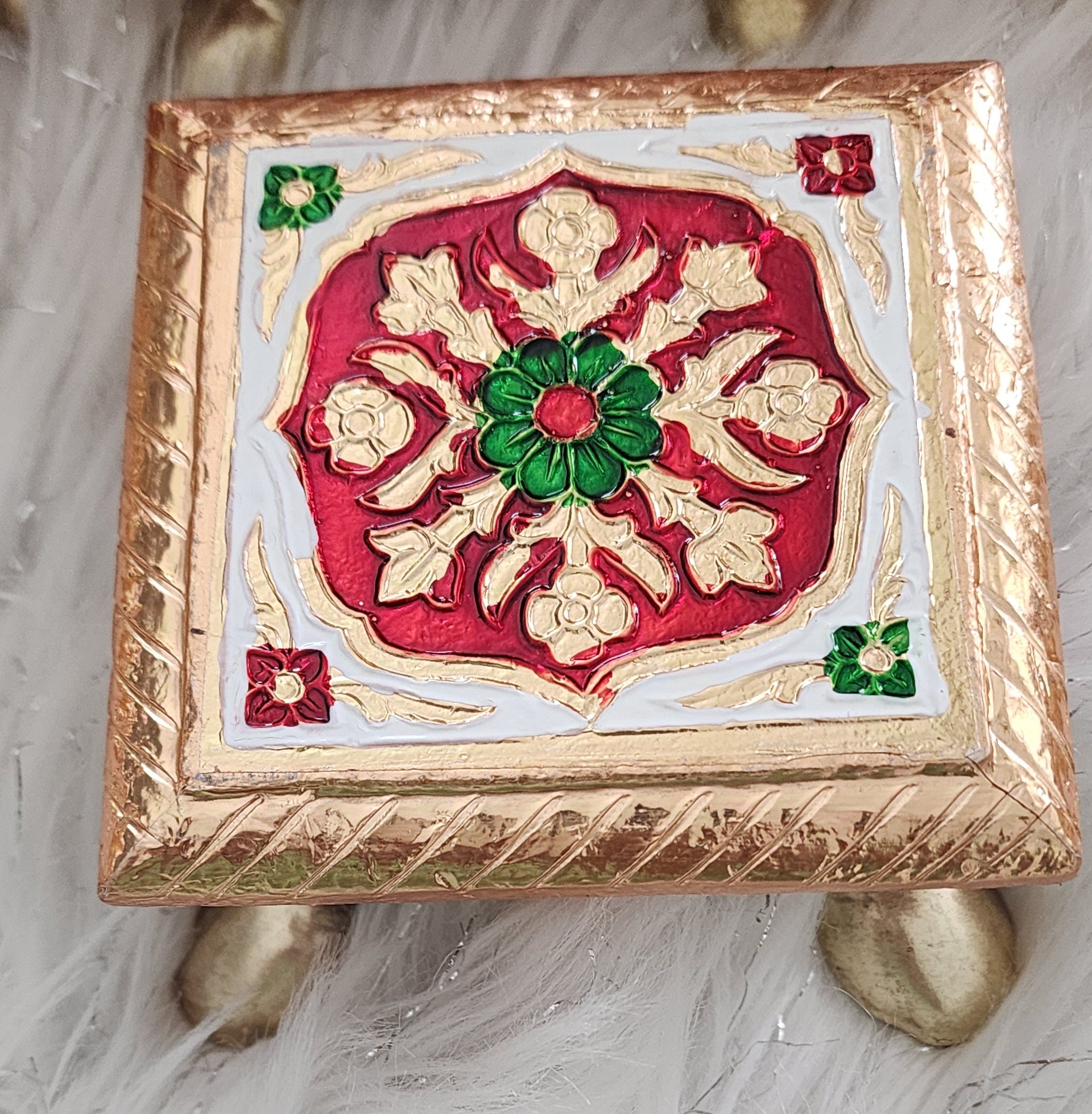 Meenakari Handmade Wooden Chowki: Pooja Stool Table for God Idols.