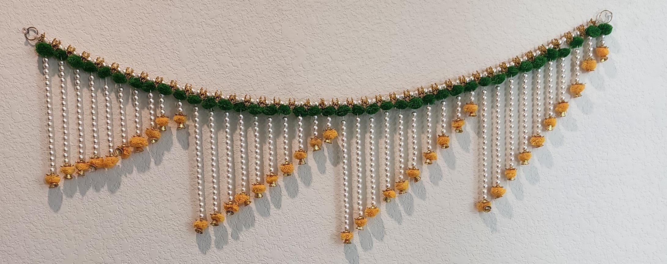 Handmade Indian Toran: Silk Pearl Door Hanging, Traditional Decor (41x12 inch)