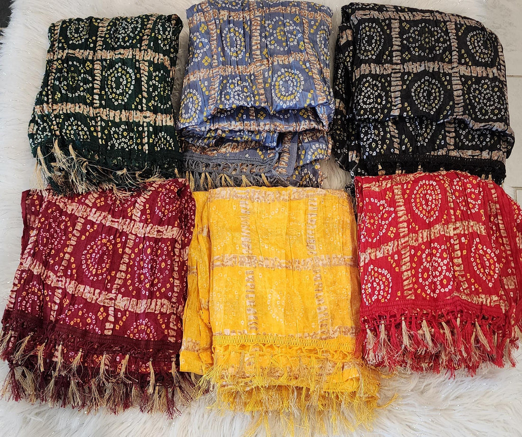 Bandhani Art Silk Dupatta: Rajasthani Multi-Colored Scarf with Tassels