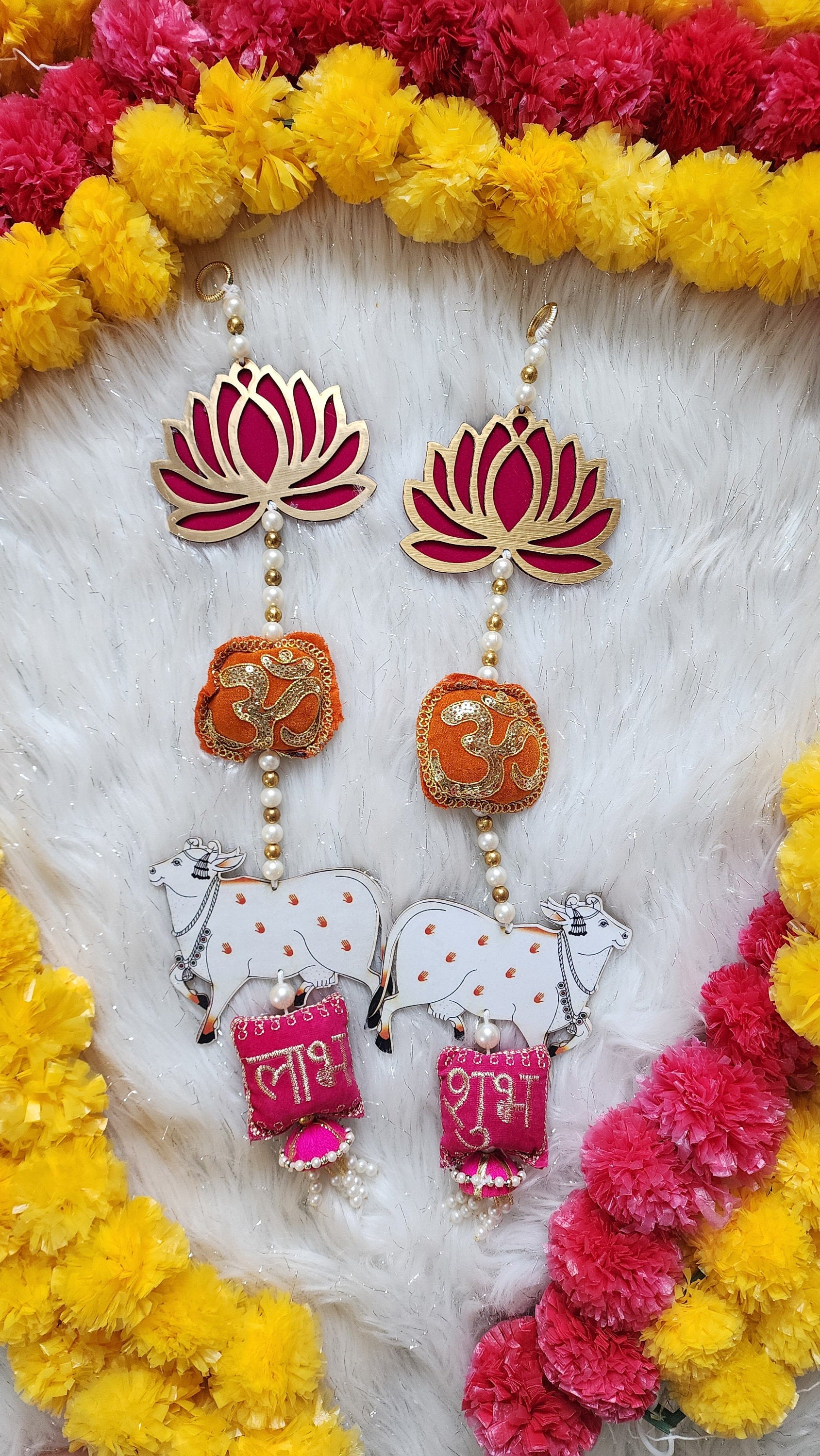 Lotus & Pichwai Cow Shubh-Labh Hanging: Diwali Mandir Decor