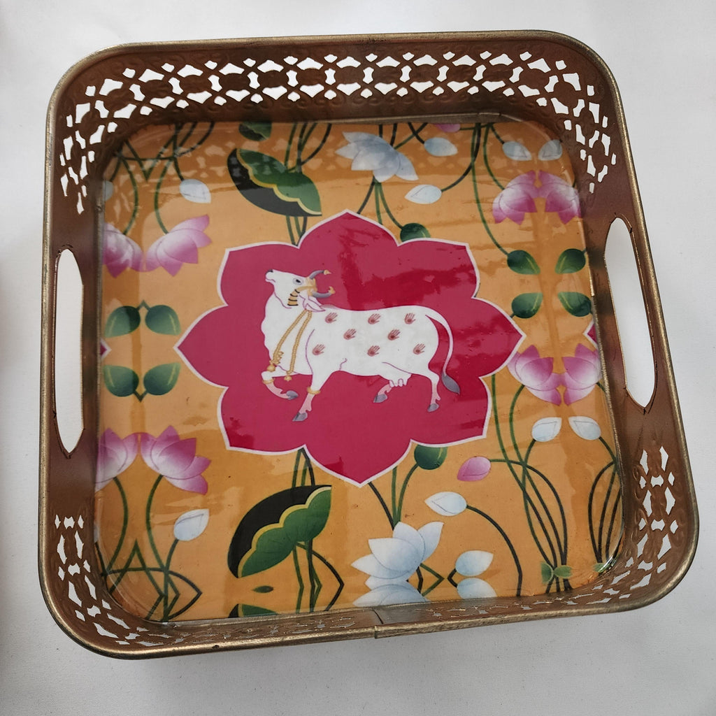 Pichwai Handmade Art Metal SquareTray Nandi Cow Design, Gift Favor.