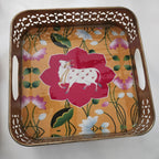 Pichwai Handmade Art Metal SquareTray Nandi Cow Design, Gift Favor.
