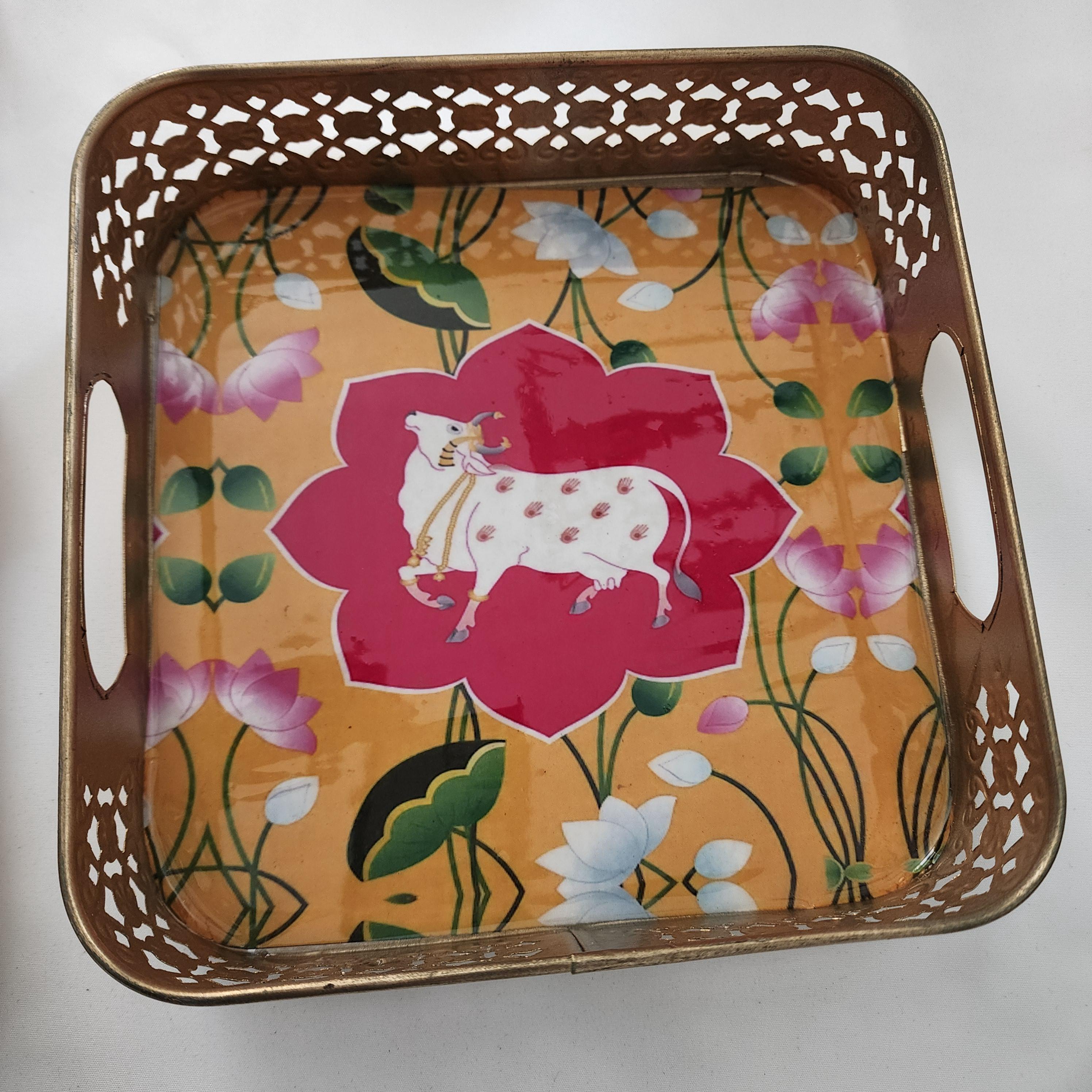 Pichwai Handmade Art Metal SquareTray Nandi Cow Design, Gift Favor.