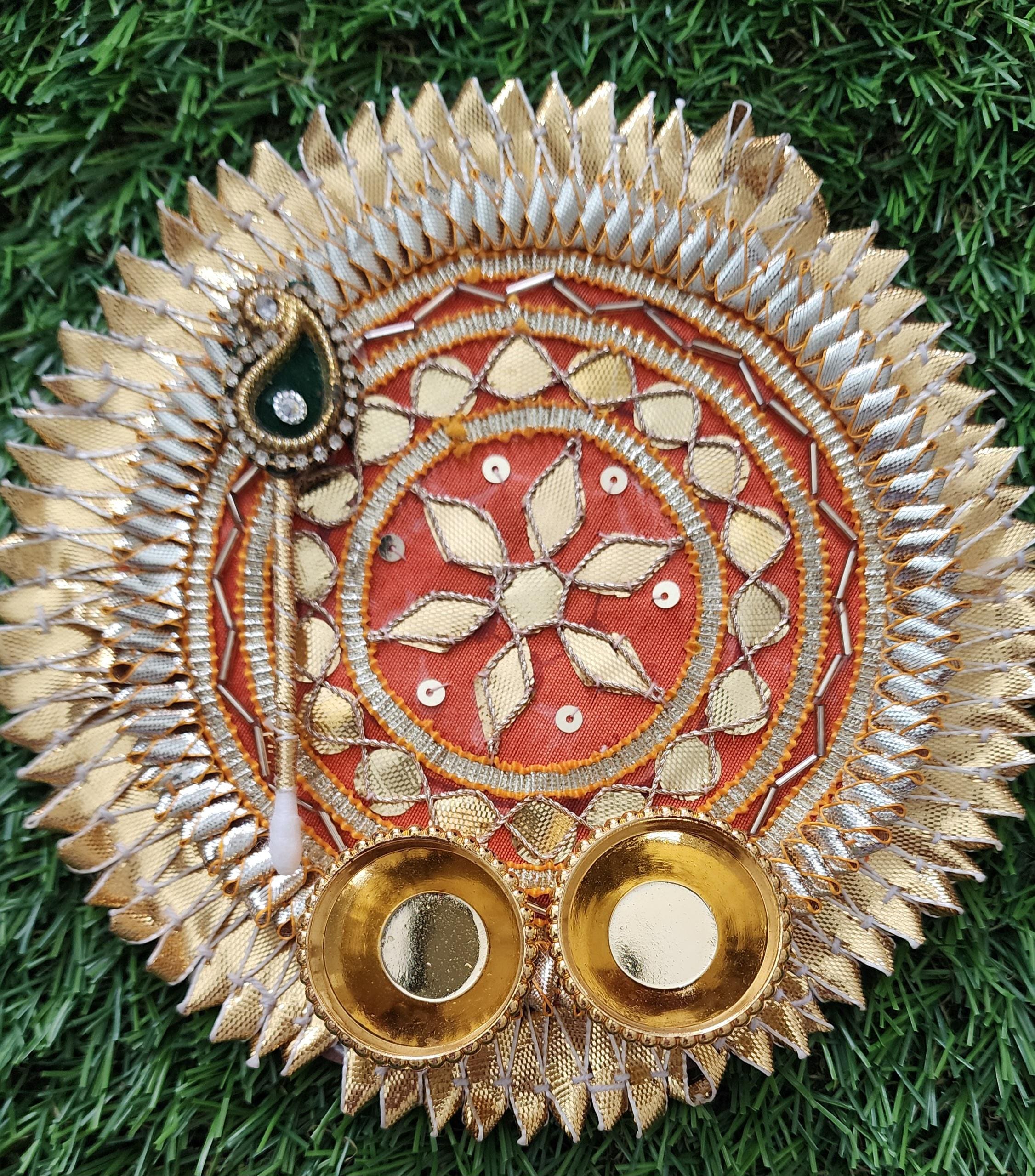 Handcrafted Haldi Kumkum Plate: Gotta Patti Work, Pooja Favor (6 inch)