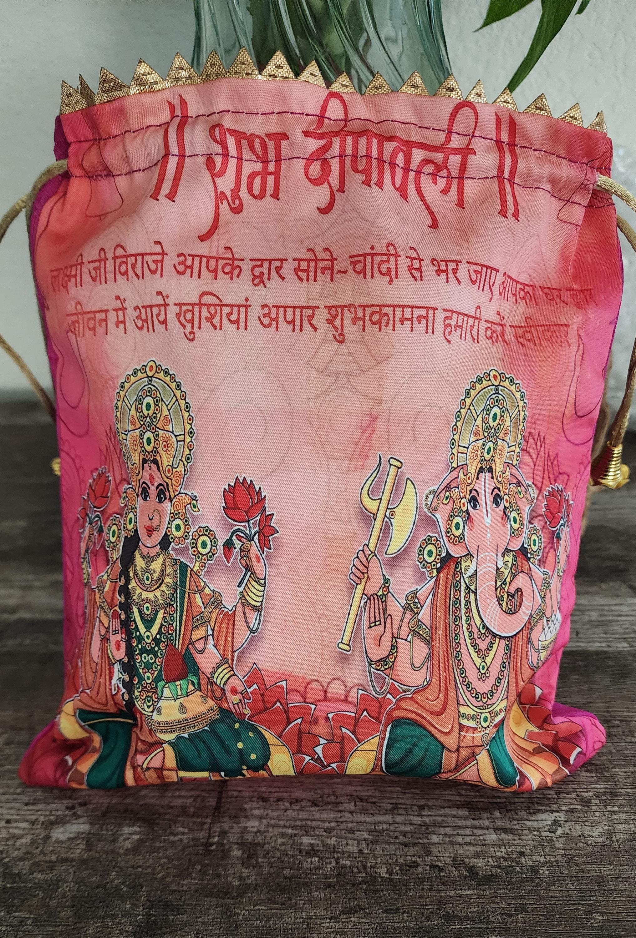 Silk Lakshmi Ganesh Printed Potli Bags: Diwali Return Gifts
