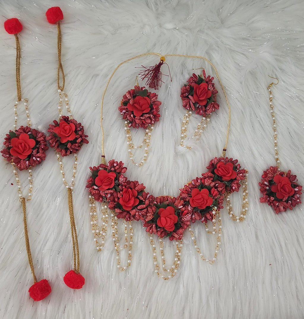 Floral Haldi Mehandi Jewelry Set: Indian Wedding Necklace, Earrings, Maang Tikka, Gajra