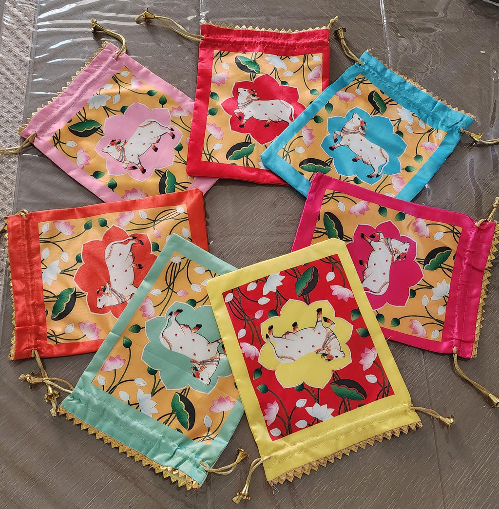 Lotus Cow Pichwai Print Silk Potli Bags: Wedding Favor Gifts