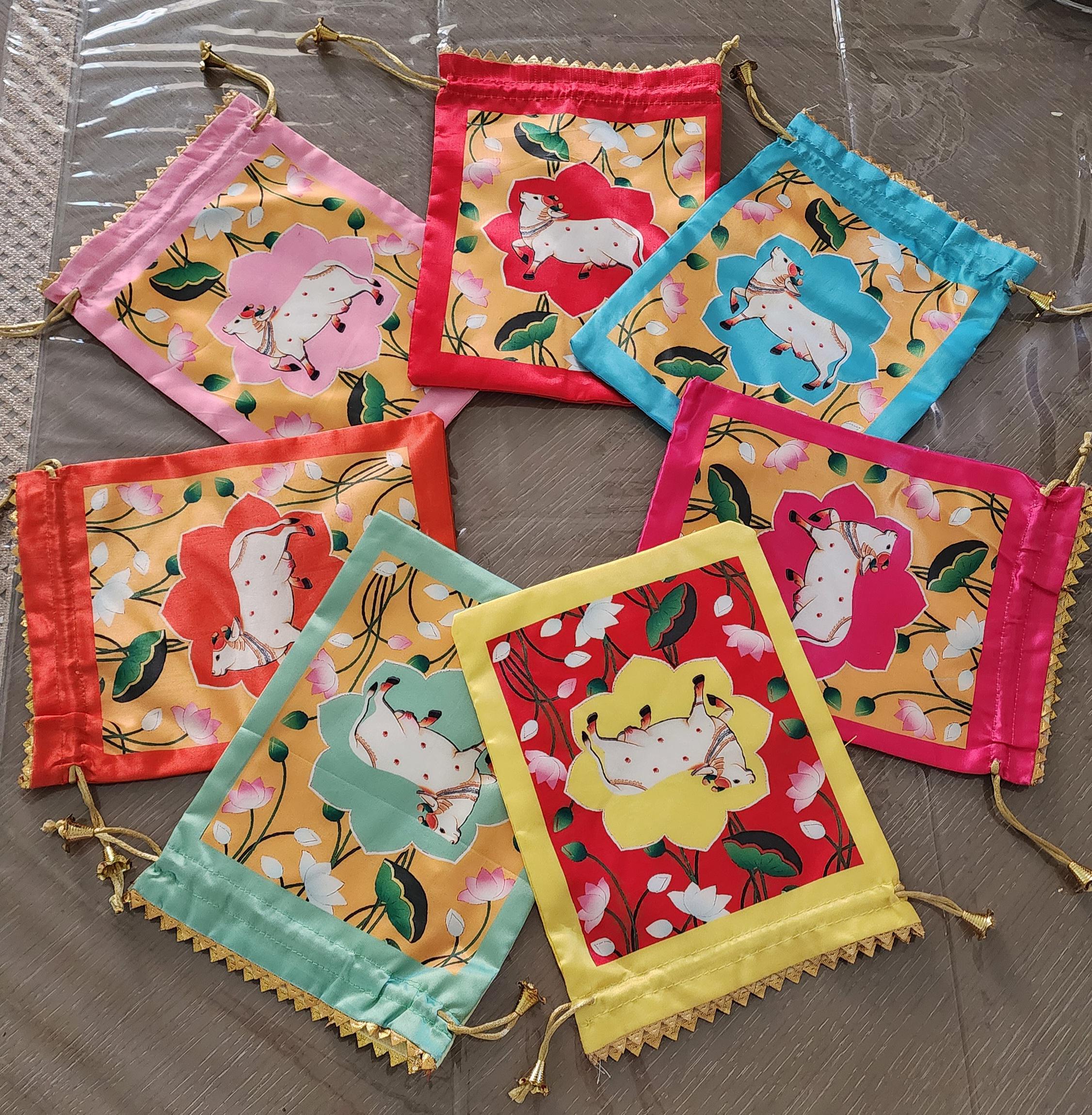 Lotus Cow Pichwai Print Silk Potli Bags: Wedding Favor Gifts
