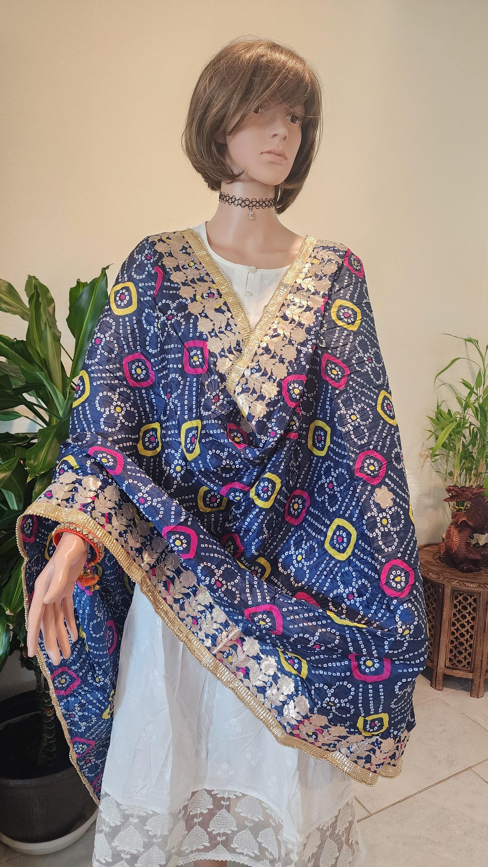 Bandhej Art Silk Dupatta: Rajasthani Gotta Patti Wedding Scarf