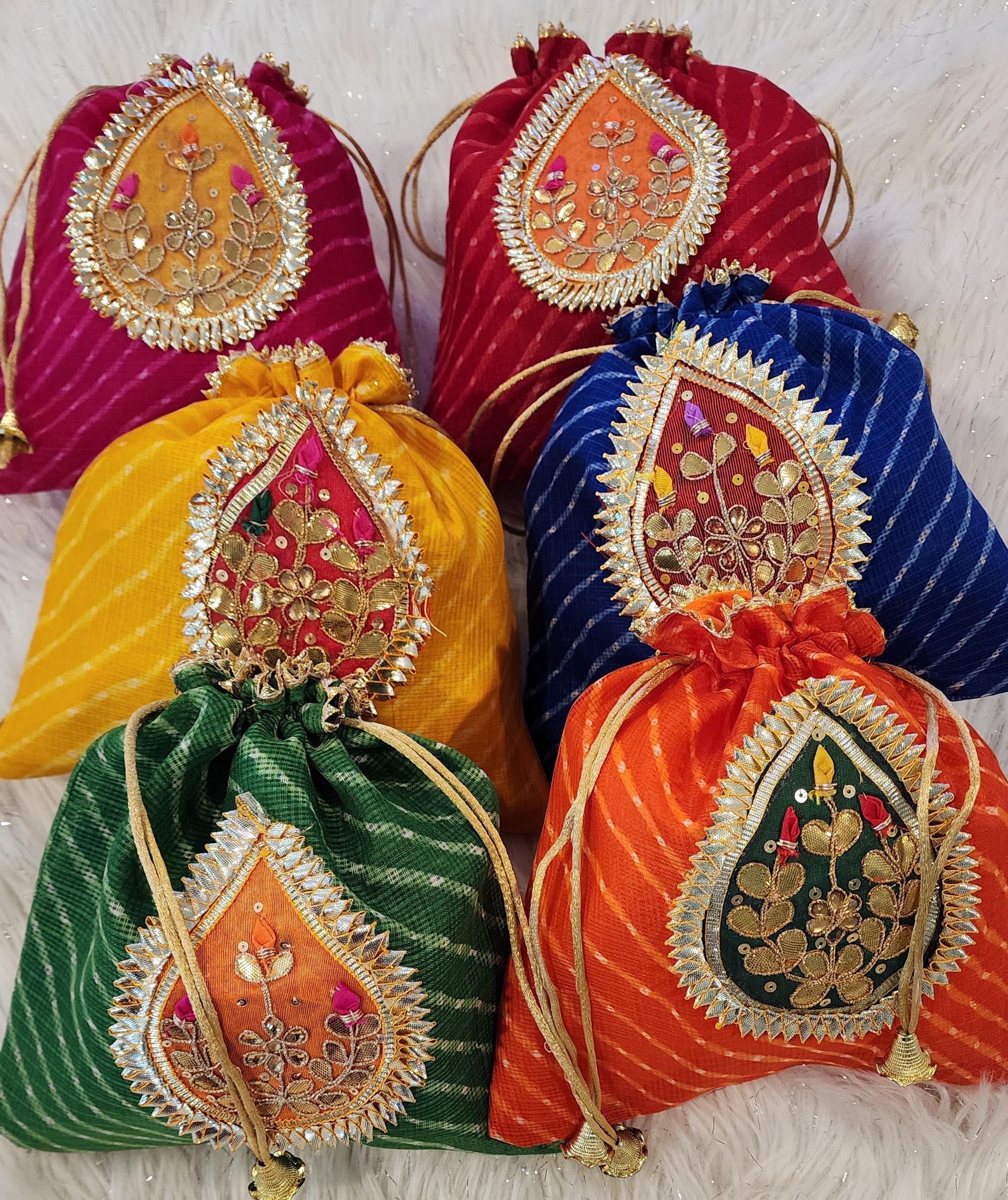 Embroidered Leheriya Potli Bag: Multicolor Gota Work, Wedding Favor