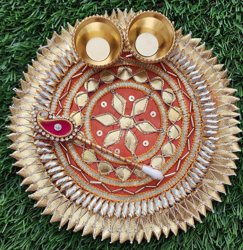 Handcrafted Haldi Kumkum Plate: Gotta Patti Work, Pooja Favor (6 inch)