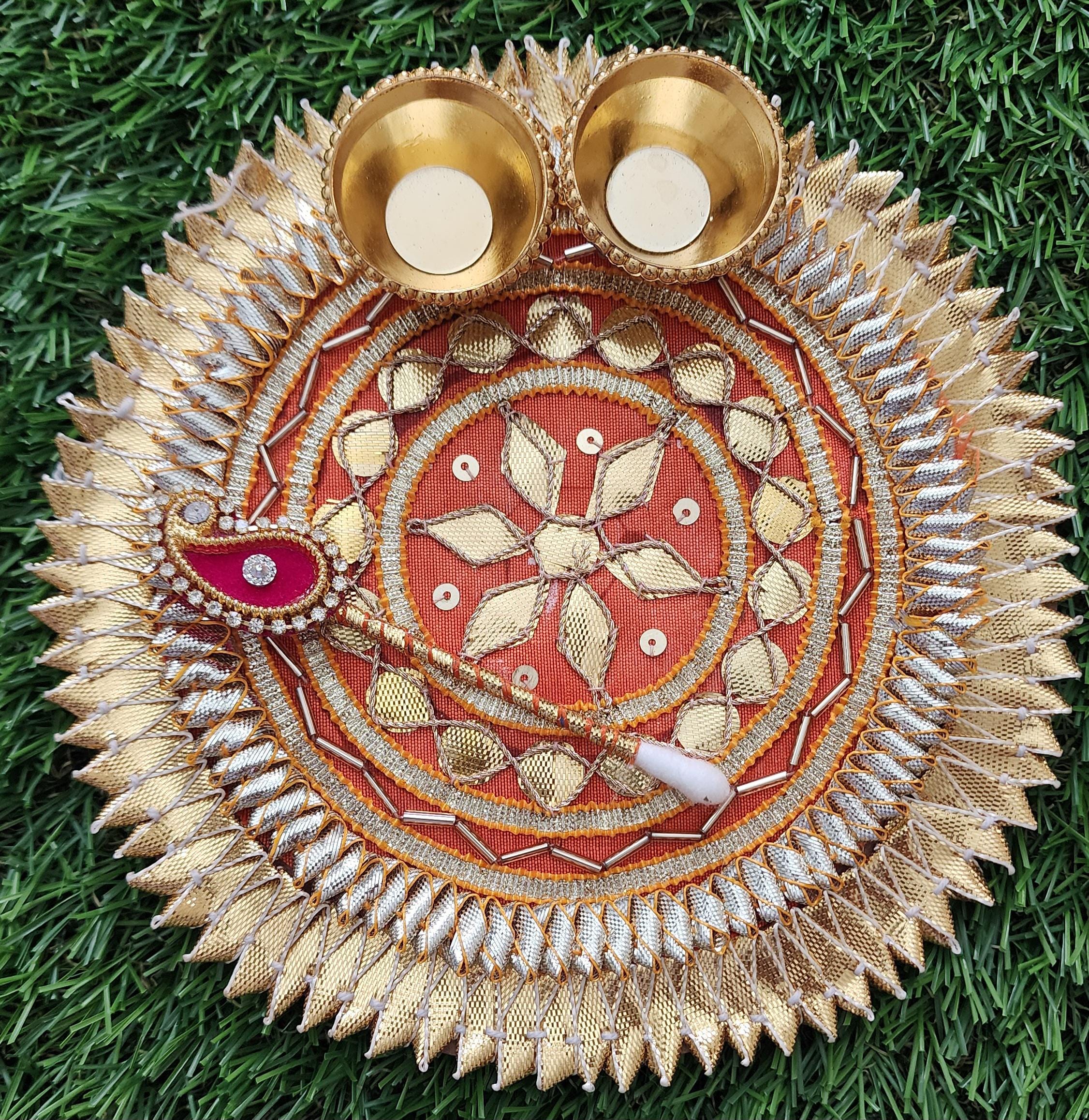 Handcrafted Haldi Kumkum Plate: Gotta Patti Work, Pooja Favor (6 inch)