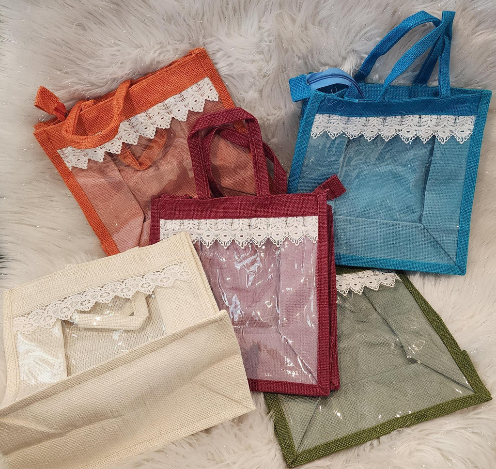 Jute Gift Handmade Bag with Lace & Transparent Panel - Party Favor Bag.