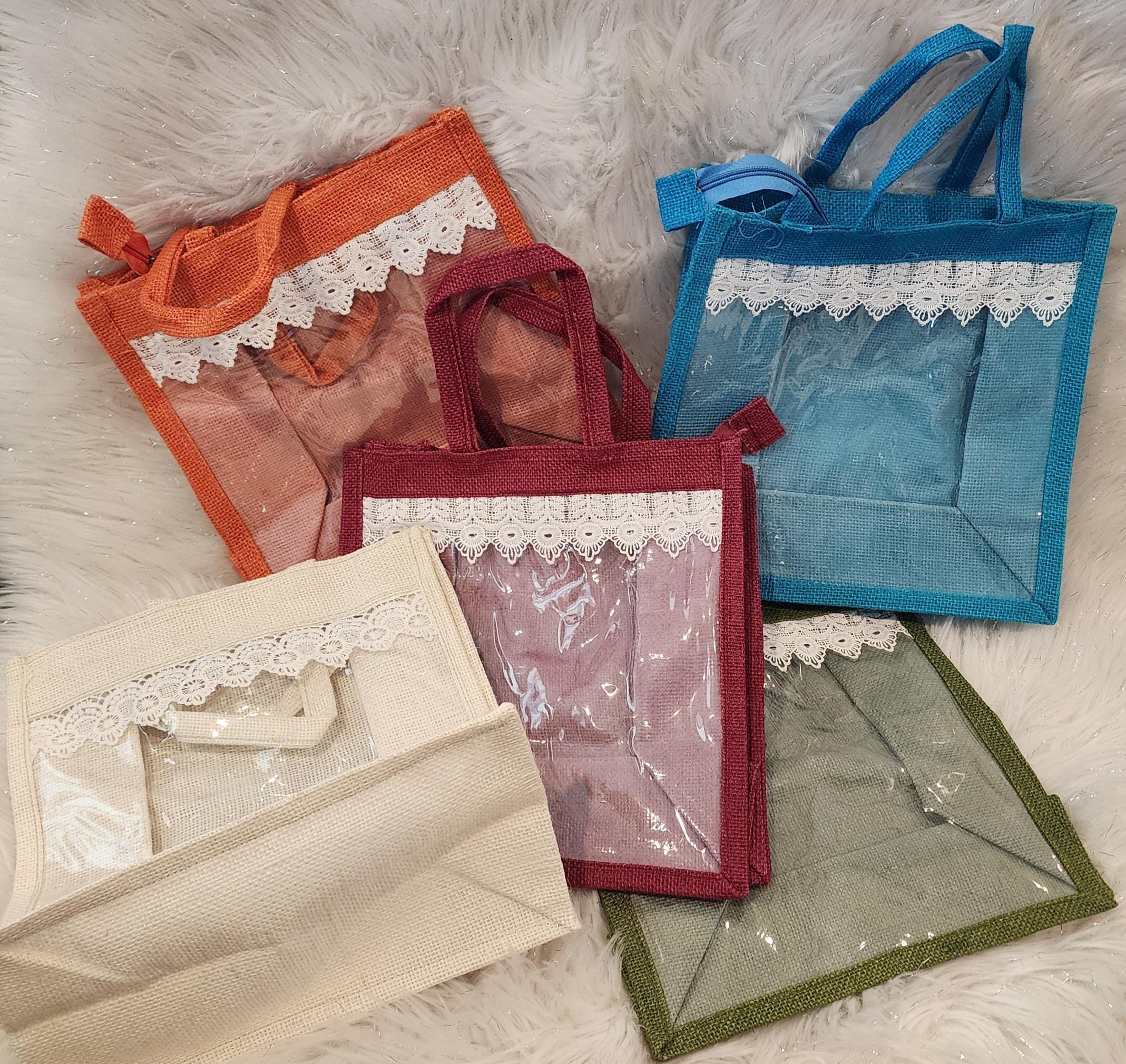 Jute Gift Handmade Bag with Lace & Transparent Panel - Party Favor Bag.
