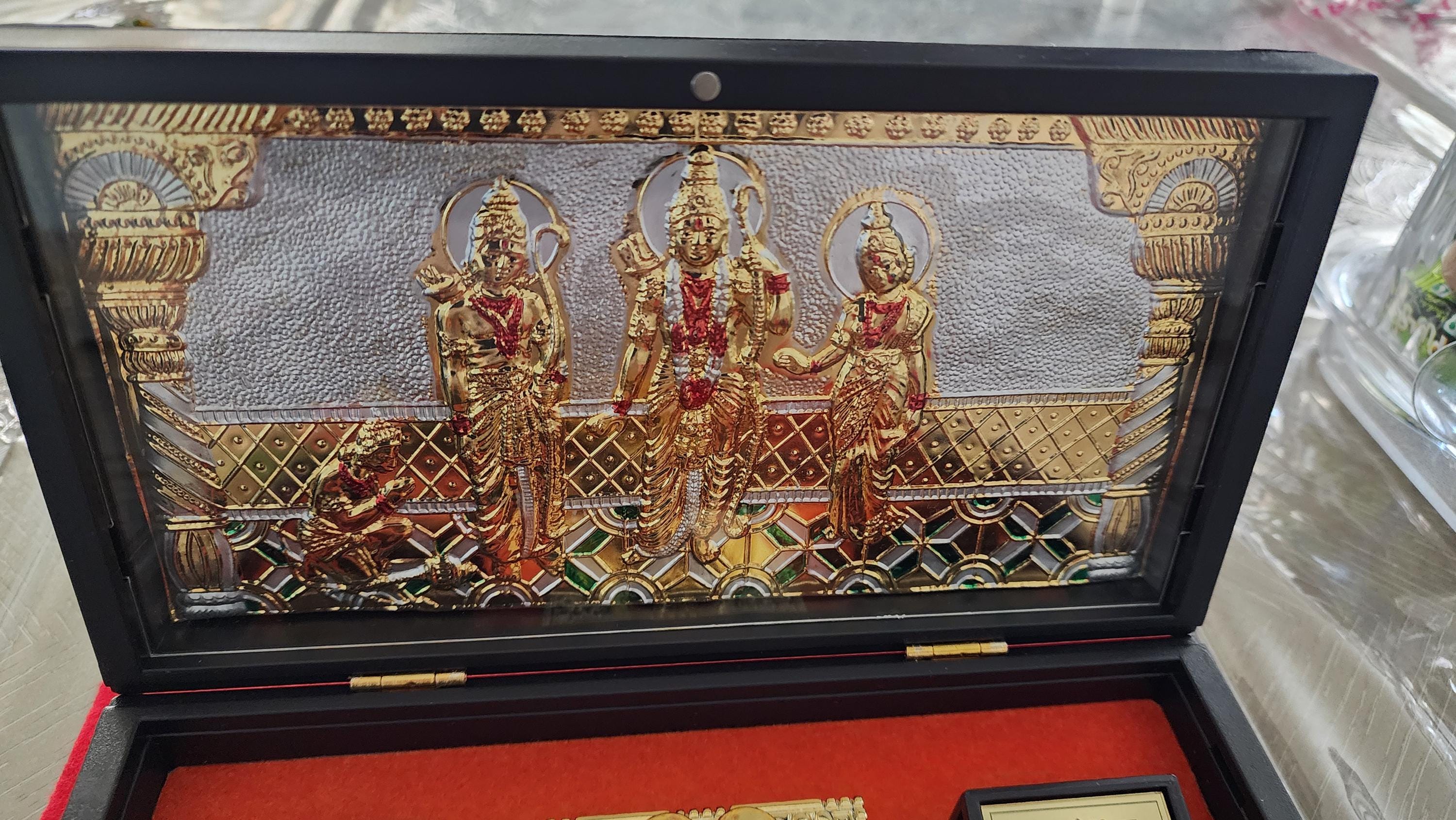 Handmade Gold Plated Ram Darbar Paduka Photo Frame: Wooden Gift Box.