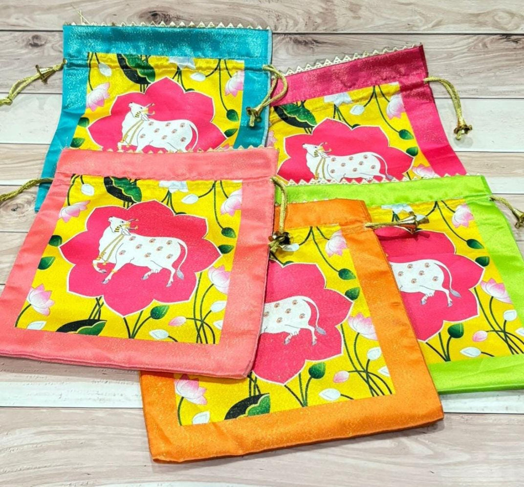 Lotus Cow Pichwai Print Silk Potli Bags: Wedding Favor Gifts