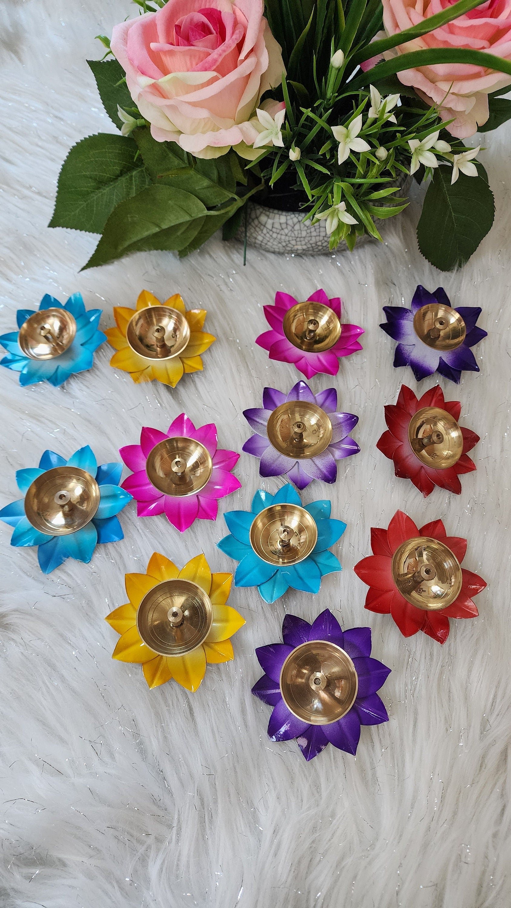 Lotus Design Akhand Diya: Multicolor Diwali Puja Decoration.