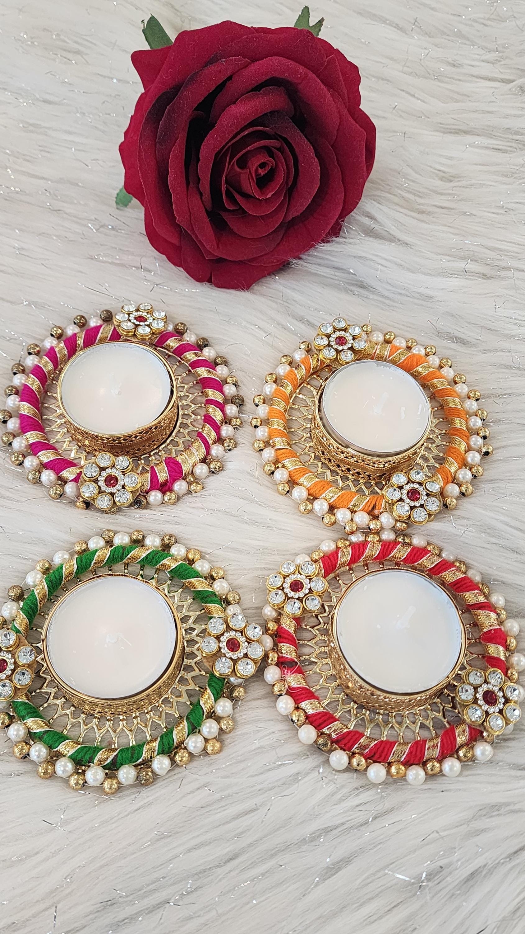Handcrafted Kundan Tea Light Holder: Diwali Pooja Decor, Multi Color, 4 inch