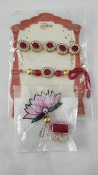 Handmade Kundan Rakhi Set: Pearl Chain Couple Rakhi with Roli Chawal