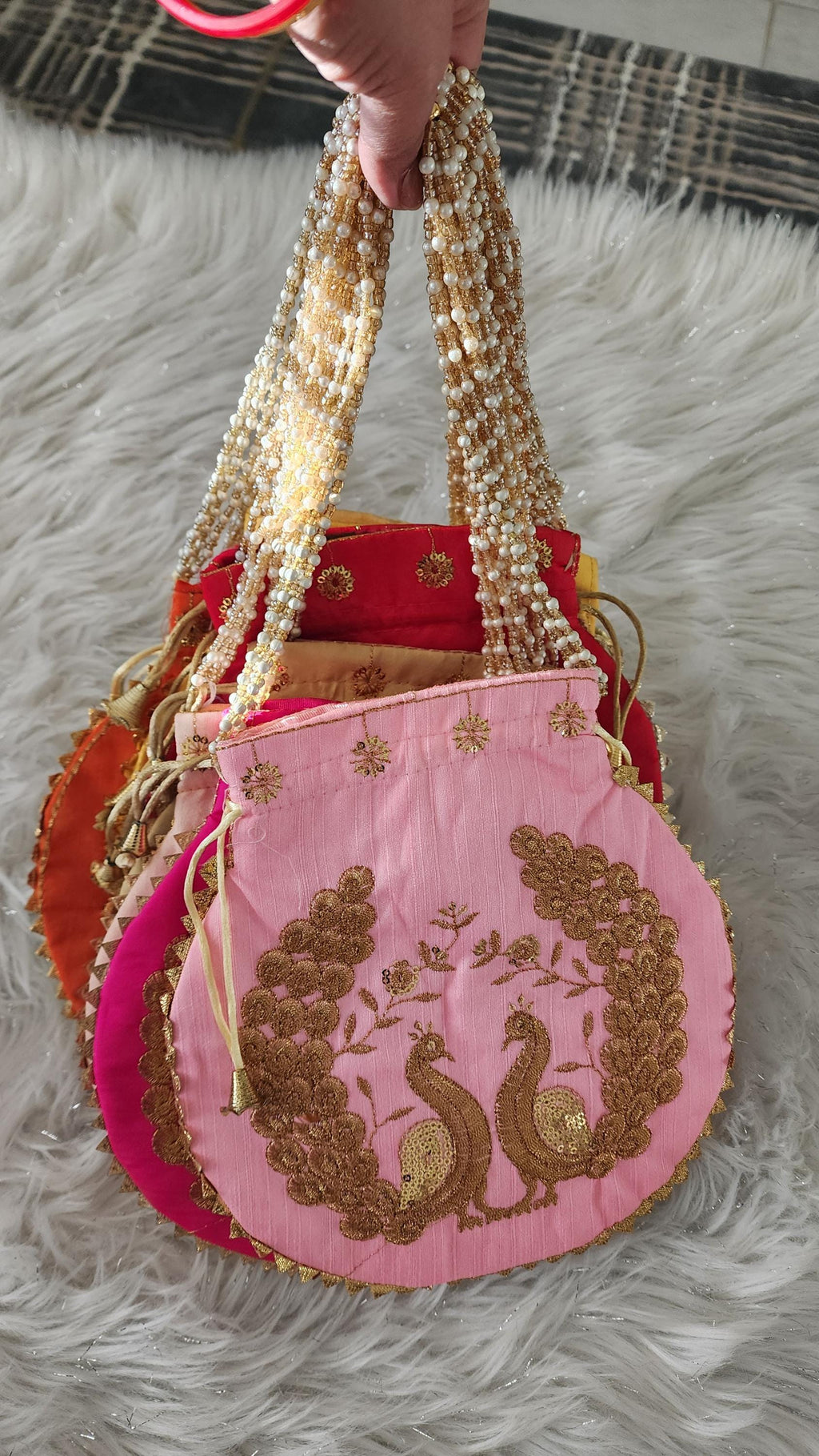 Embroidered Silk Peacock Print Potli Bag: Indian Wedding Favor, Henna Party Gift