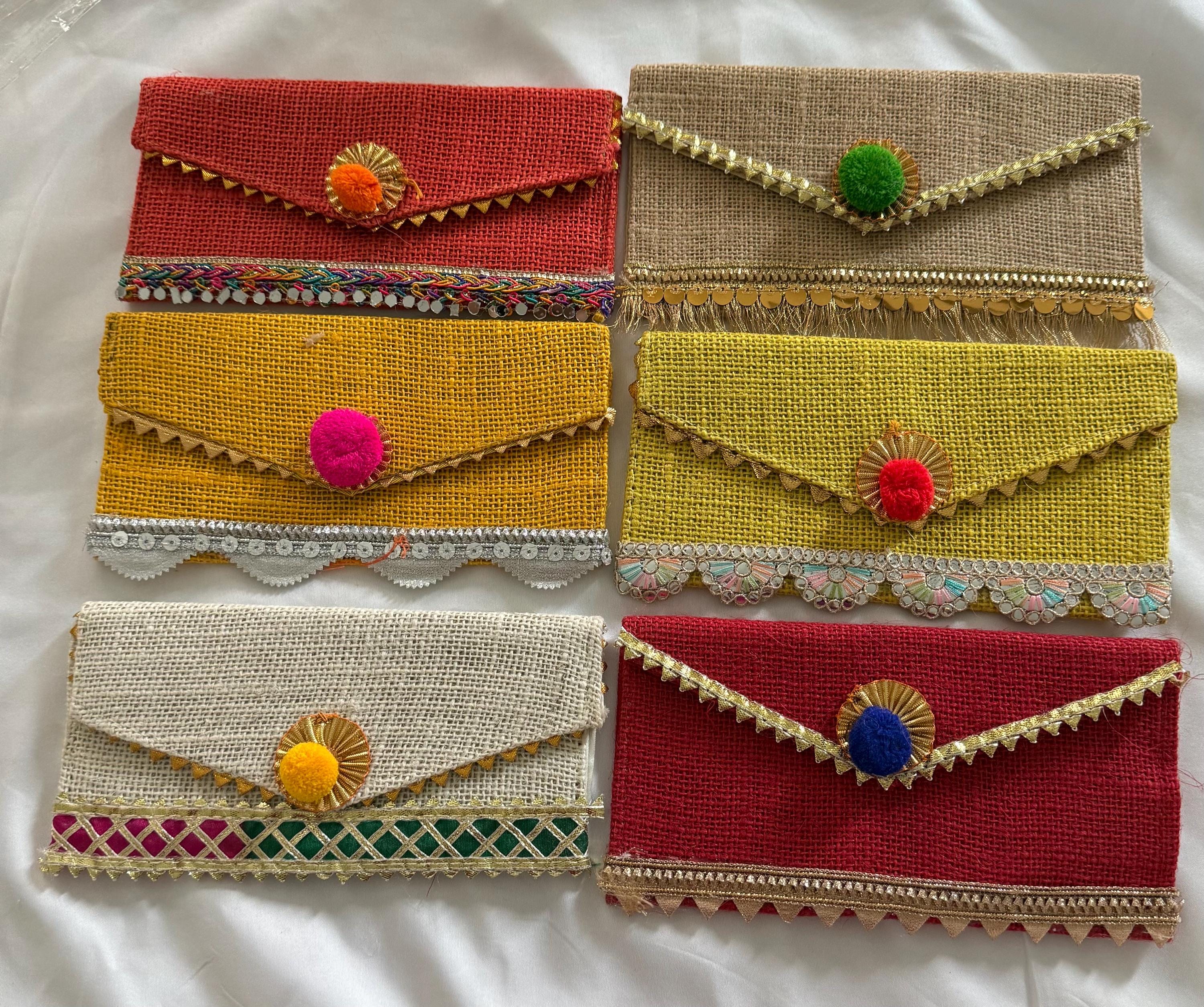 Jute Pom Pom Envelope Clutch: Wedding Sangeet Favor.