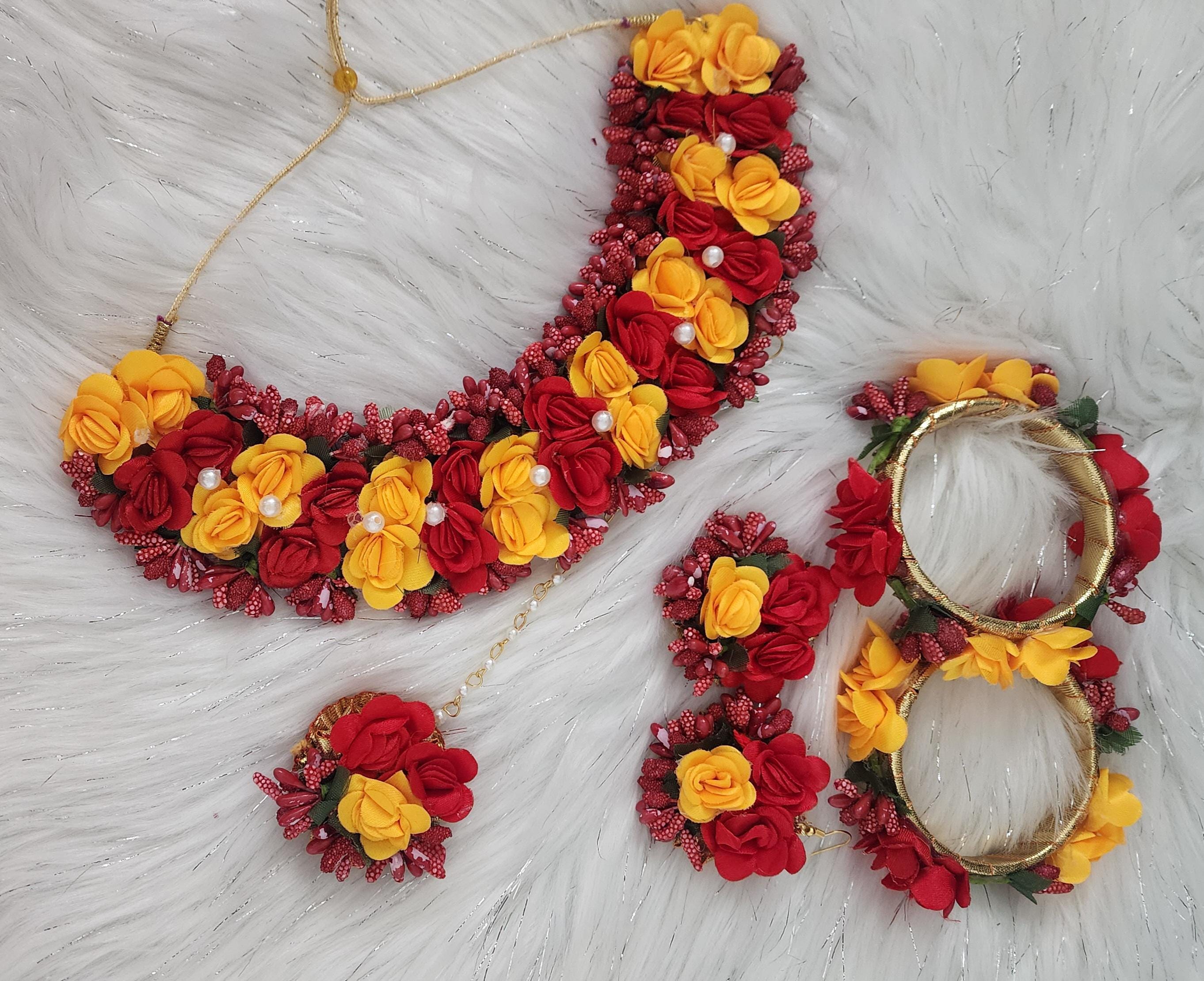 Floral Haldi Mehandi Jewelry Set: Necklace, Earrings, Maang Tikka & Hand Gajra