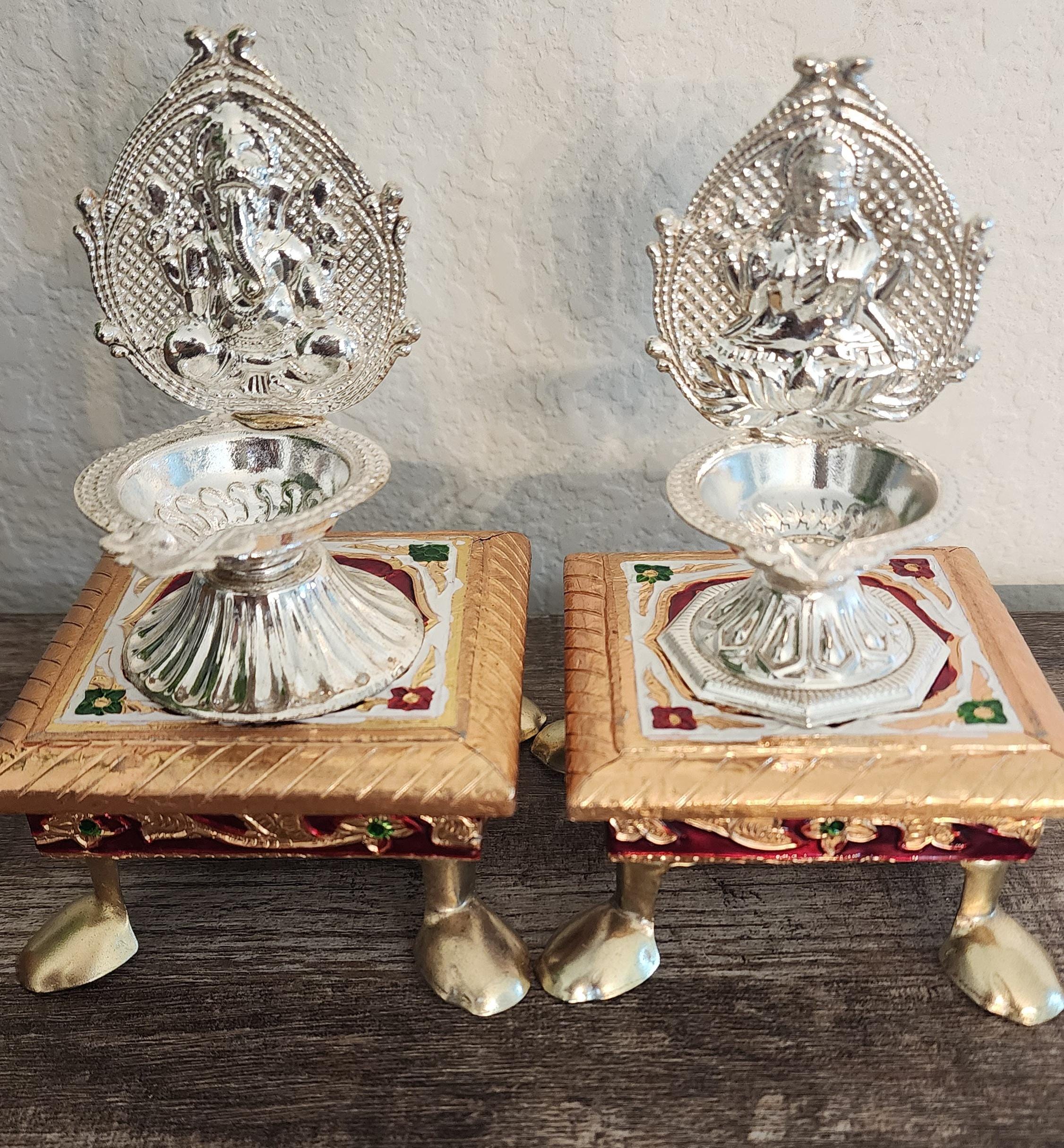 Handmade German Silver Ganesha Lakshmi Diya Set - 4" Diwali Deepam Lamp.