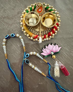Handmade Rakhi Set: Evil Eye Rakhi, Haldi Kumkum Plate, Roli Chawal