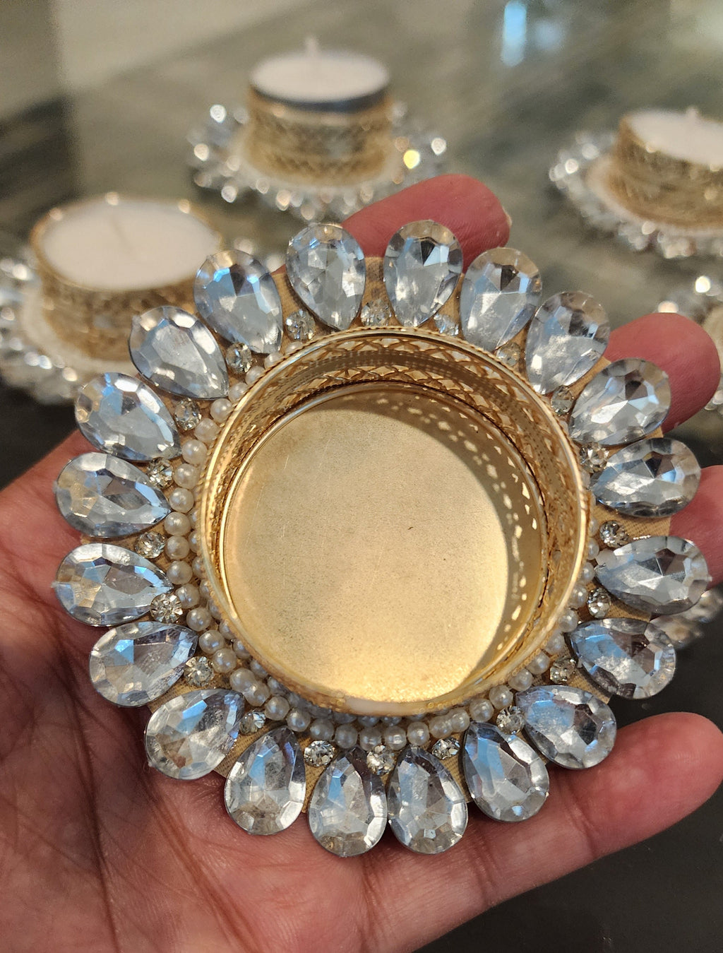 Silver Stone Tea Light Holder: Diwali Pooja Decor, Wedding Favor