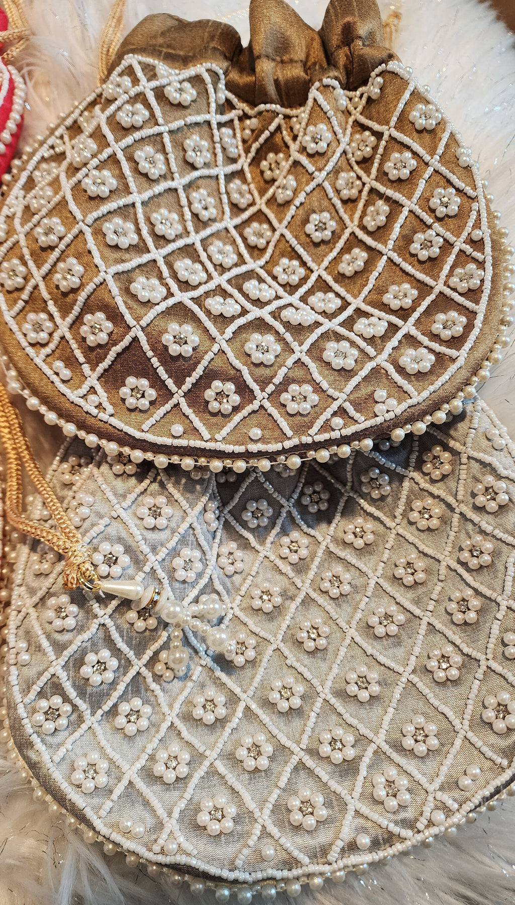 Beaded Pearl Potli Bag: Indian Wedding Clutch, Handmade Silk Purse.
