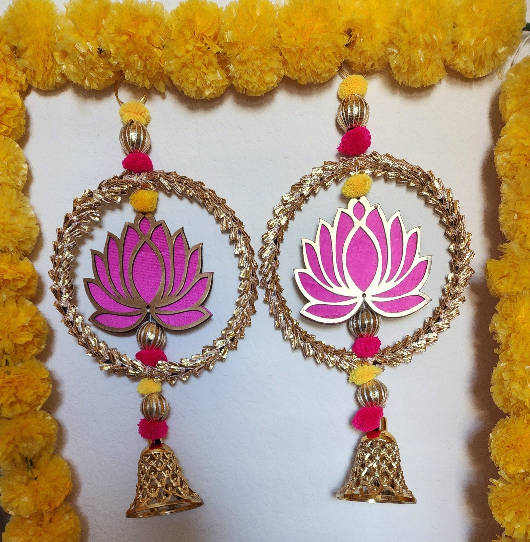 Lotus Garland with Gold Ring: Diwali Decoration, Temple Decor - 12 Inch.
