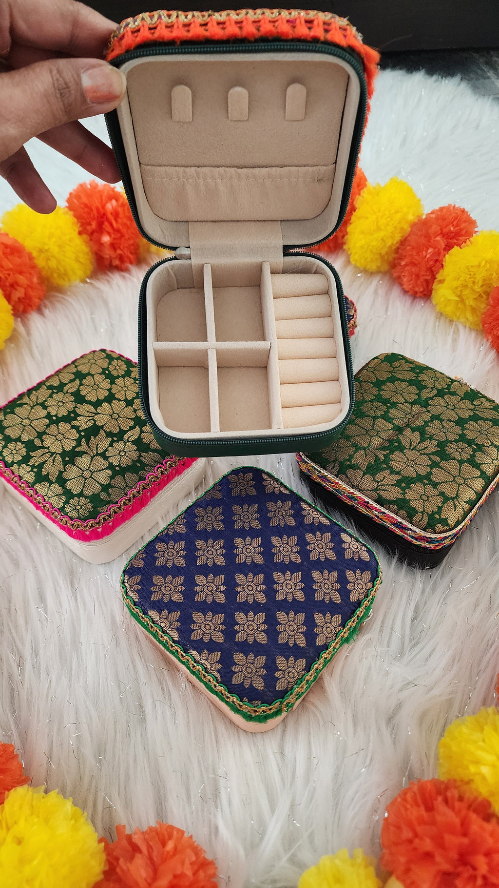 Handcrafted Mini Jewelry Travel Case: Brocade Fabric, 4-inch.