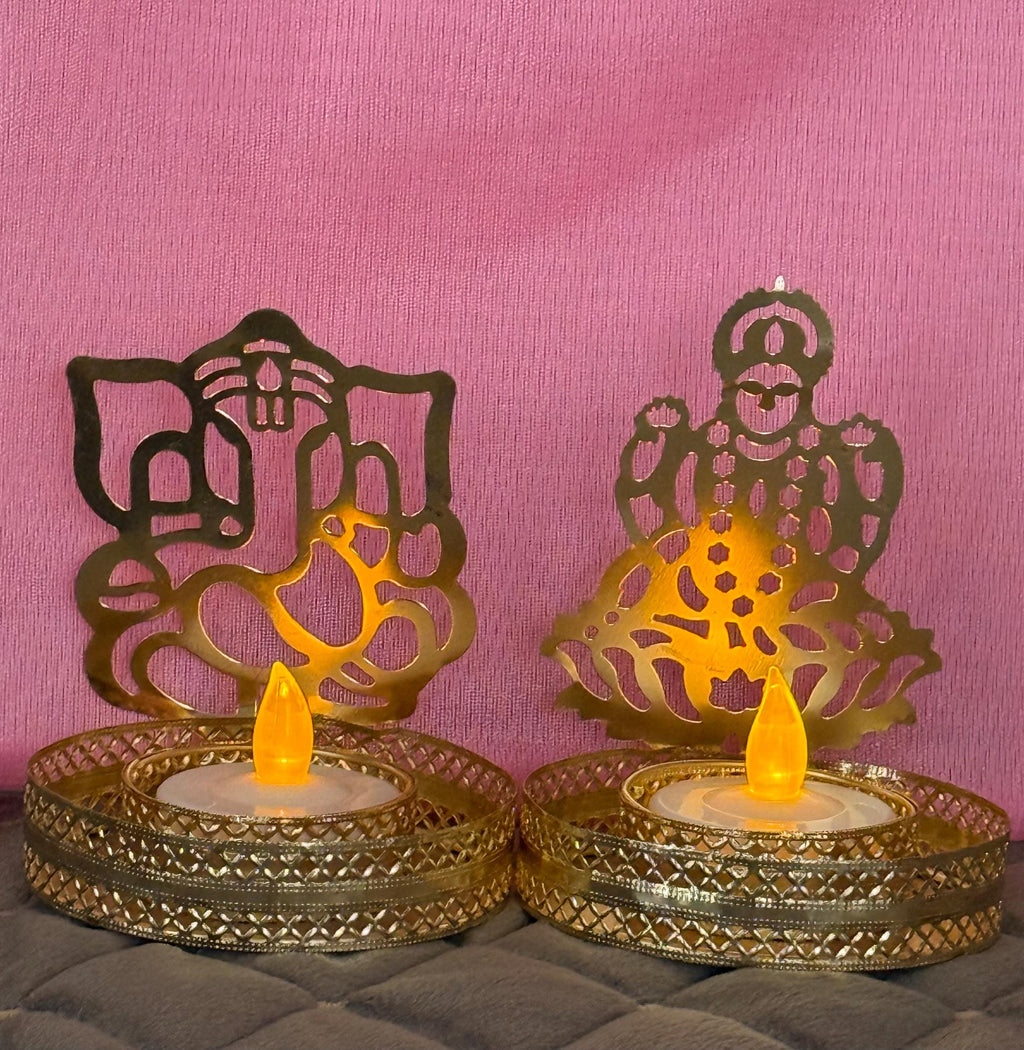 Gold Metal Shadow Diya Set: Ganesh & Lakshmi Indian Candle Holders