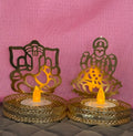 Gold Metal Shadow Diya Set: Ganesh & Lakshmi Indian Candle Holders