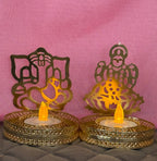 Gold Metal Shadow Diya Set: Ganesh & Lakshmi Indian Candle Holders
