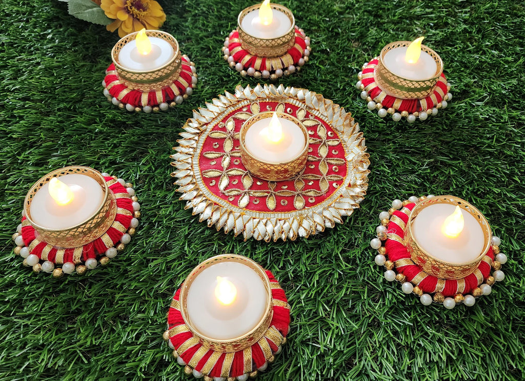 Handmade Gotta Work Rangoli Set: Diwali Tealight Candle Holders