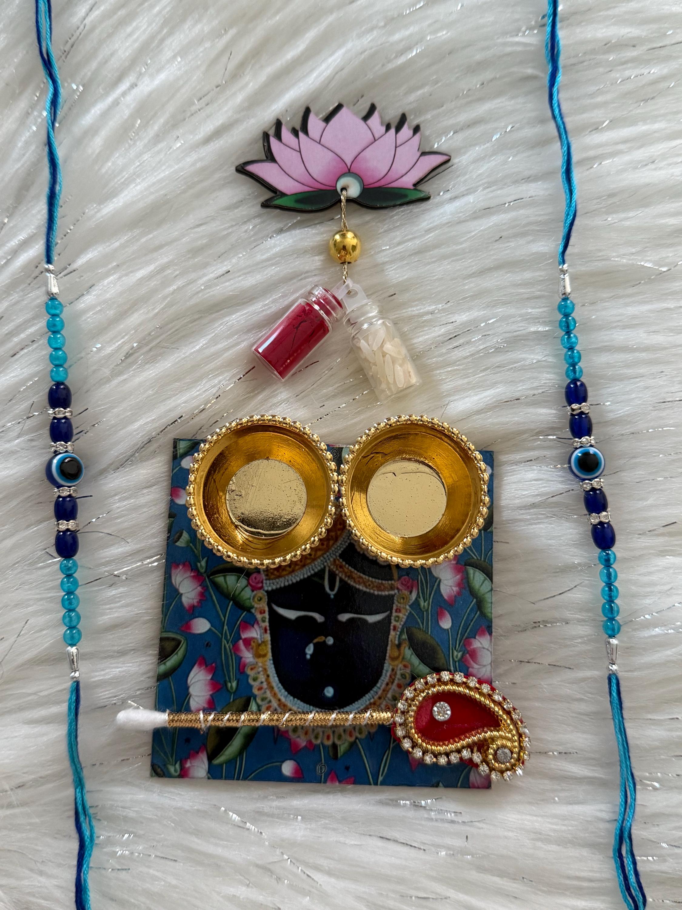 Handmade Rakhi Combo Set: Evil Eye Rakhi, Haldi Kumkum Plate