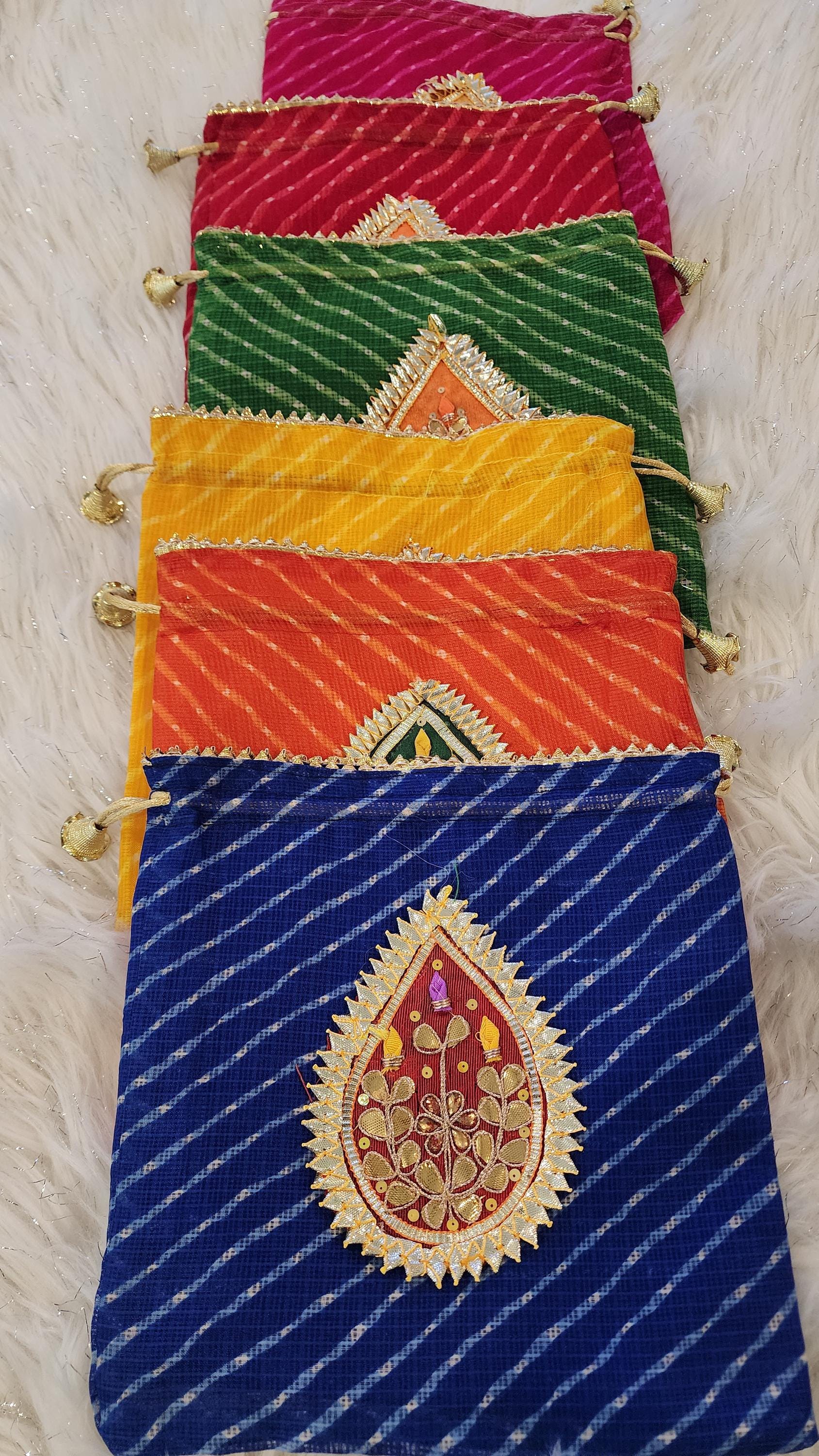Embroidered Leheriya Potli Bag: Multicolor Gota Work, Wedding Favor