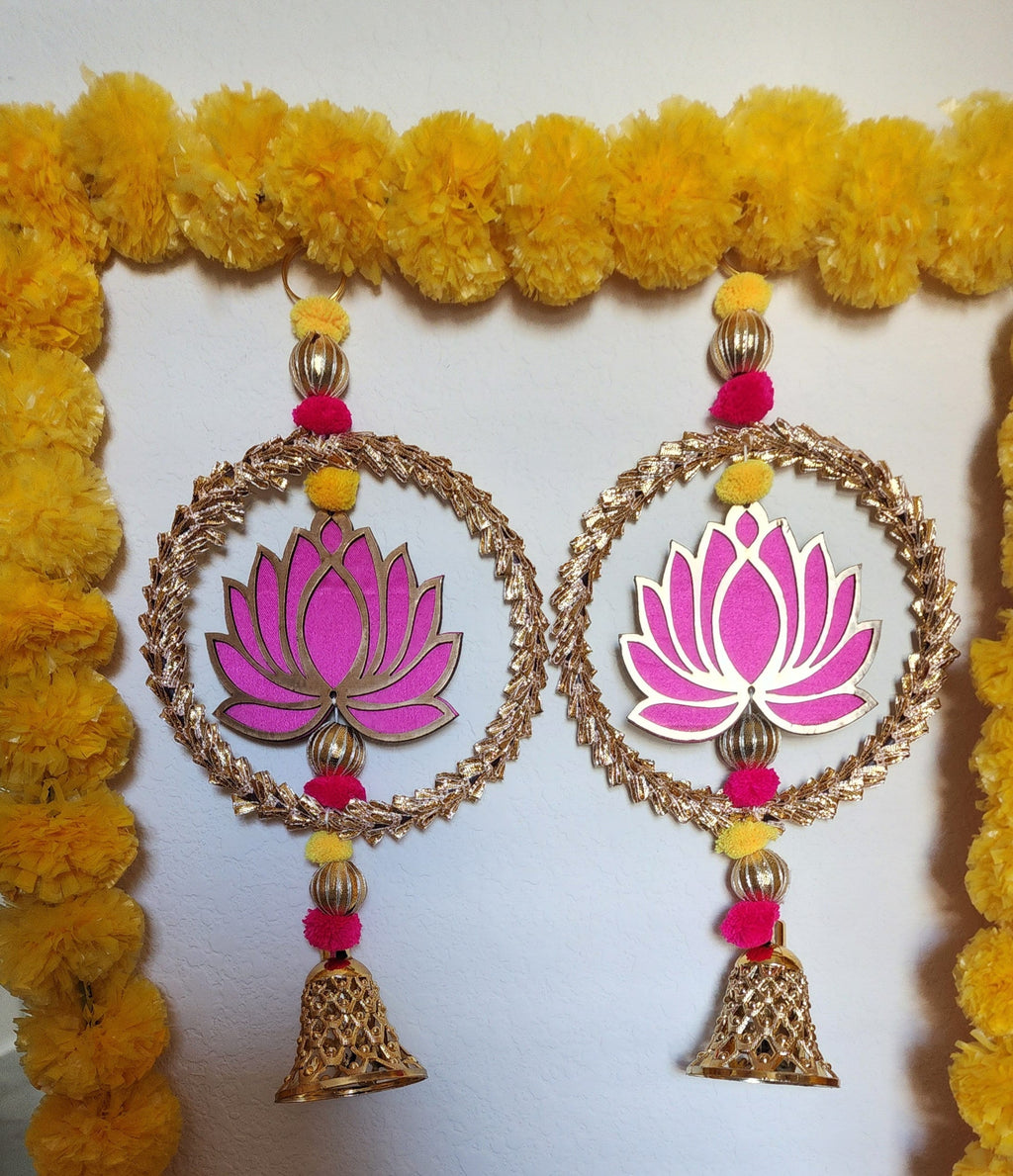 Lotus Garland with Gold Ring: Diwali Decoration, Temple Decor - 12 Inch.