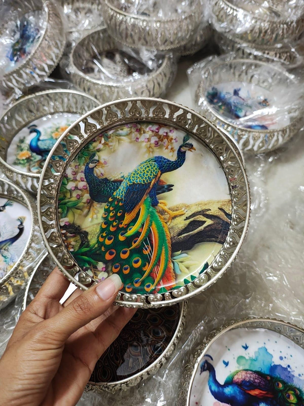 Peacock Decor German Silver Tray: 6 Inch Pooja Thali