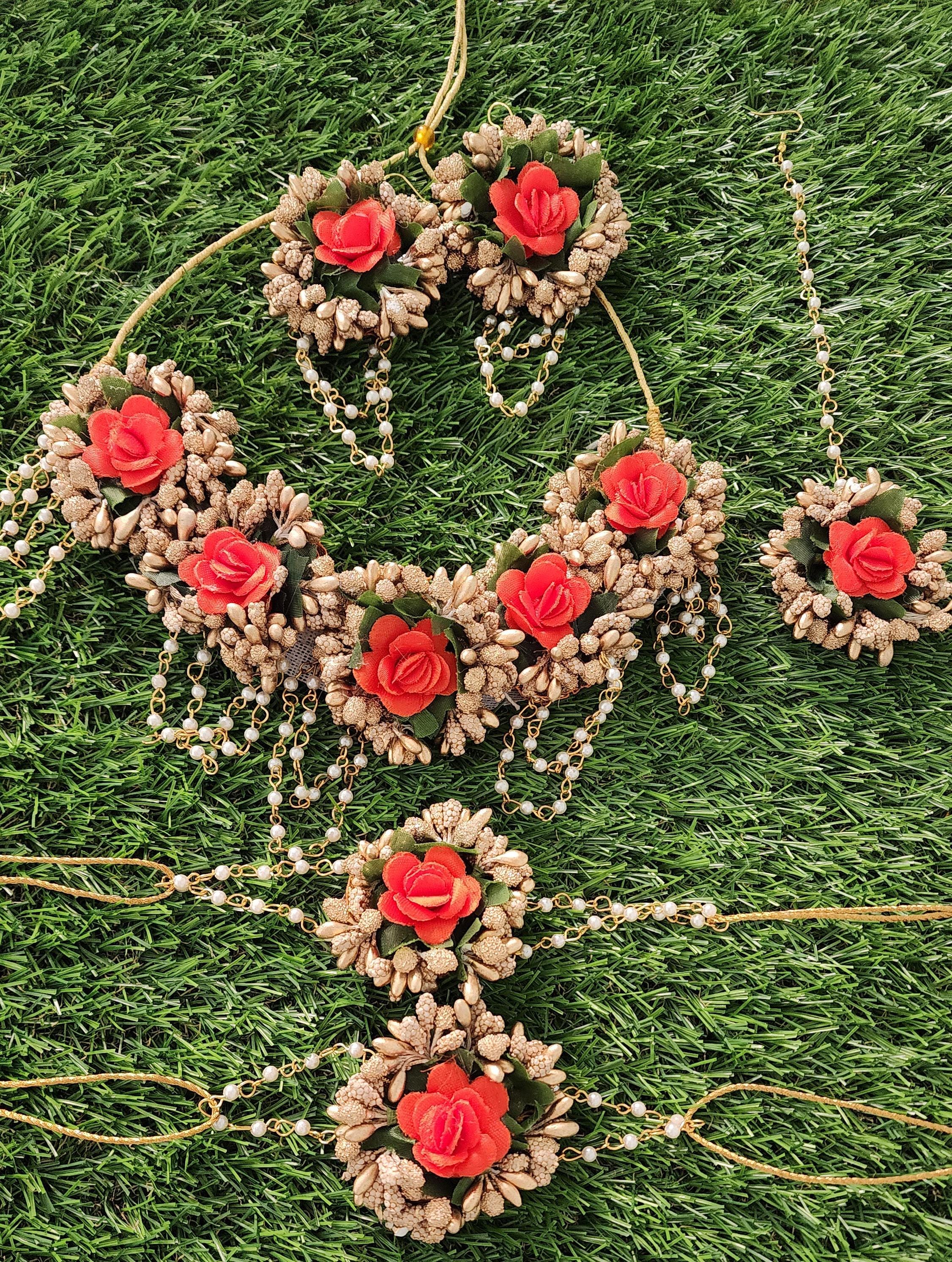 Floral Haldi Mehandi Jewelry Set, Indian Wedding, Sangeet.