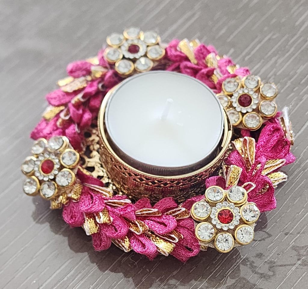 Kundan Handmade Tea Light Holders: Diwali Wedding Favor, Pooja Decor.