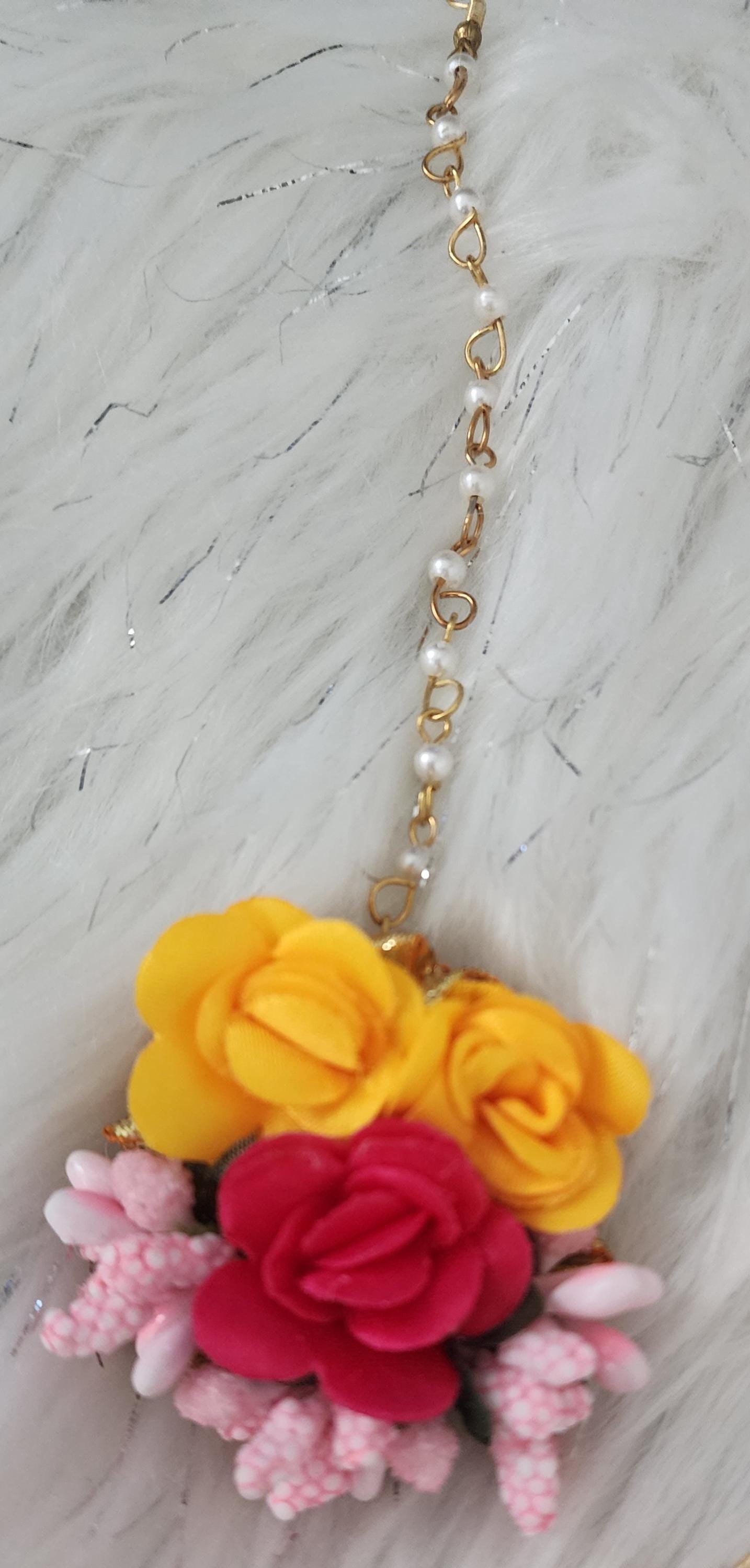 Floral Haldi Mehandi Jewelry Set: Necklace, Earrings, Maang Tikka & Hand Gajra